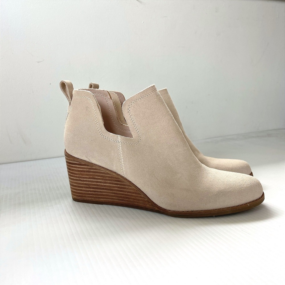Toms Kallie Light Tan Beige Suede Leather Wedge Heel Ankle Boots Womens 10